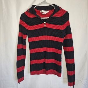 Tommy Hilfiger Jeans Y2K Ribbed Knit Sweater Black Red Zip Up Womens Medium